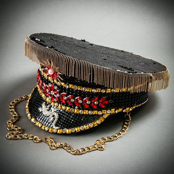 Festival Rave Burning Man Captain Hat Black Gold Military Cap with Gold Chain main image 8